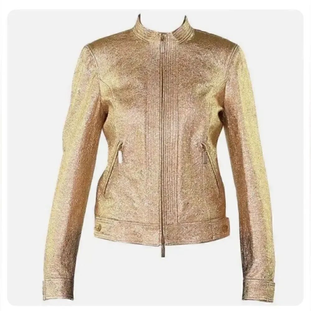 Versace Shimmering Gold Bomber genuine  leather Jacket, size 38(S)